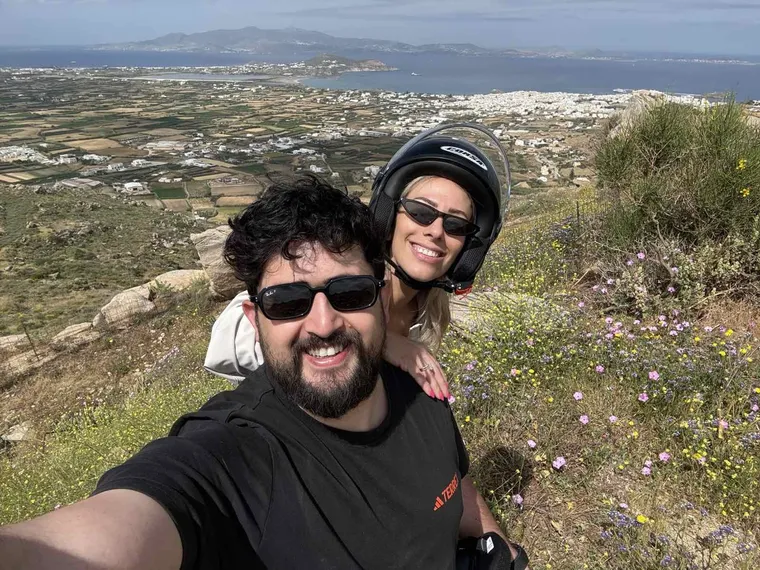 Quad riders on a sandy beach trail on Naxos